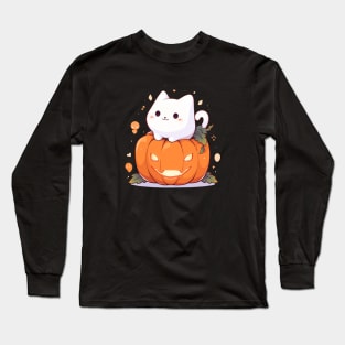 White chubby cat sitting on a pumpkin Long Sleeve T-Shirt